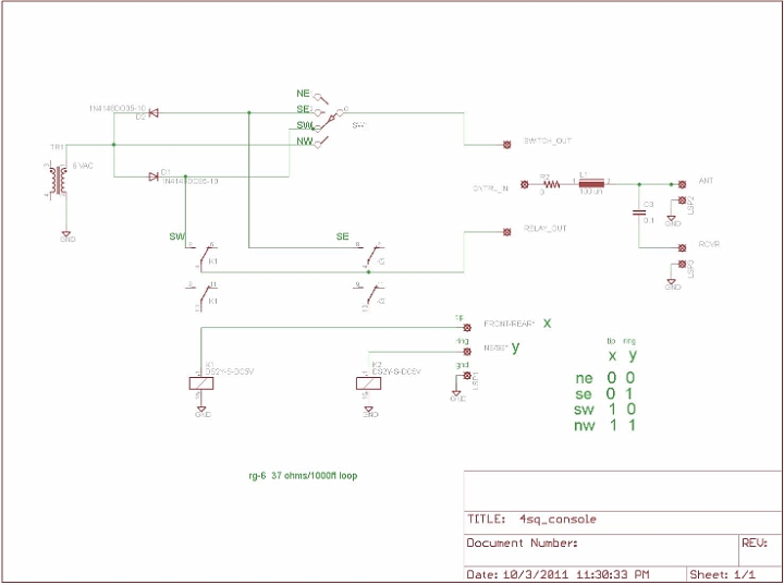 4sqRelayCntrl.JPG - Here's the control box.  The direction of the array is selected by sending positive, negative or both(AC) current to the phase box via the RX coax.  I have added the ability to control the direction with digital inputs.  Thats the function of the transistors.  If you want to add a pre-amp at the array this might be a problem.  In that case run a control cable directly.  In my application I have 850' of RG-6 between the rig and antenna.  I use a pre-amp at the rig to improve it's noise figure.  On 160 in the middle of the day when the band is quietest I get a 13db rise in the noise floor when switching from the dummy load to the array.  Therefor, adding a pre-amp at the array would be a waste and probably generate BCI IMD.  Note, if you use digital control make sure the switch is left in the open position.  Here's the schematic:   4sq_console.pdf 